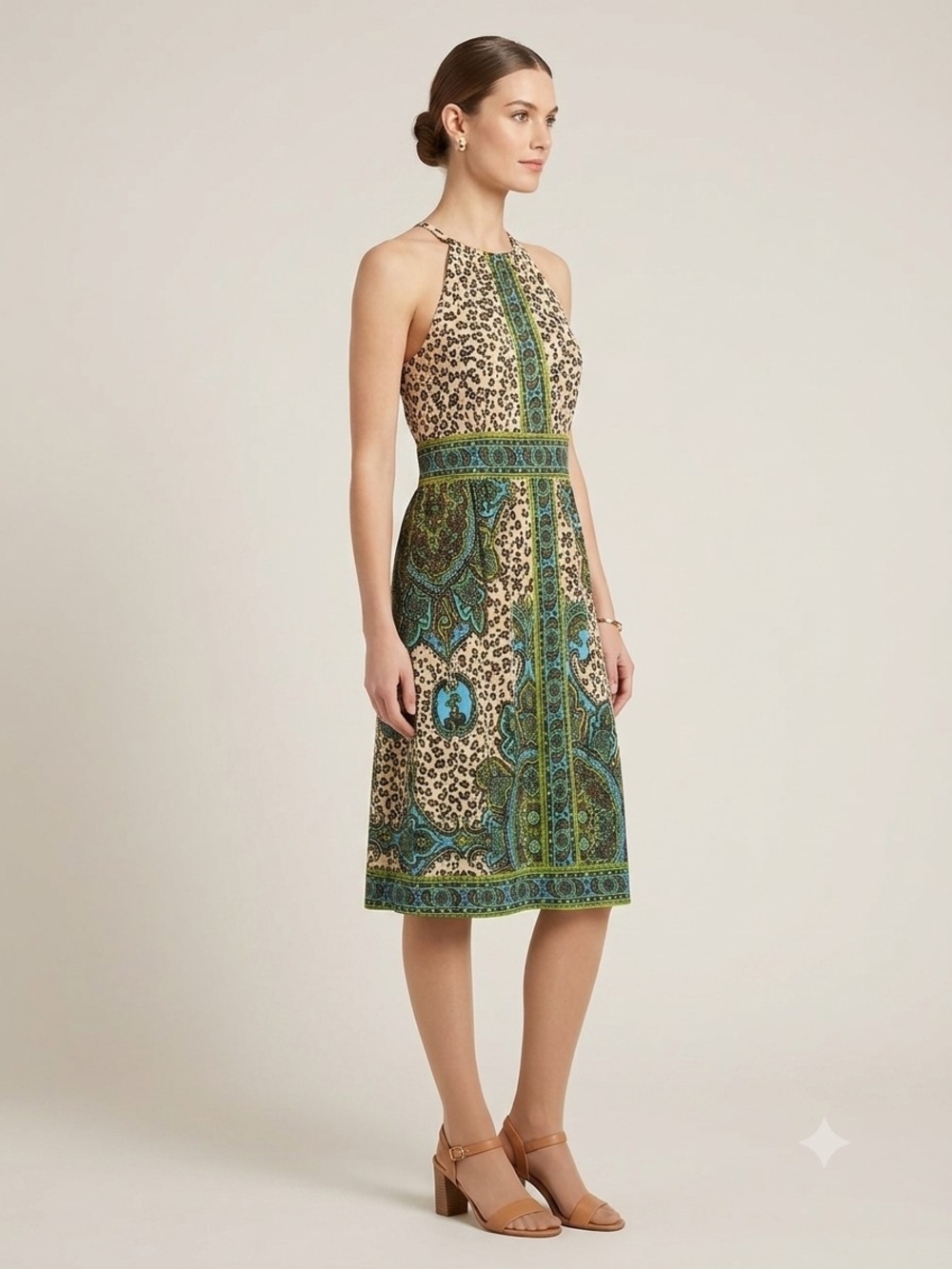 London Times Green and Beige Paisley Halter Midi Dress
